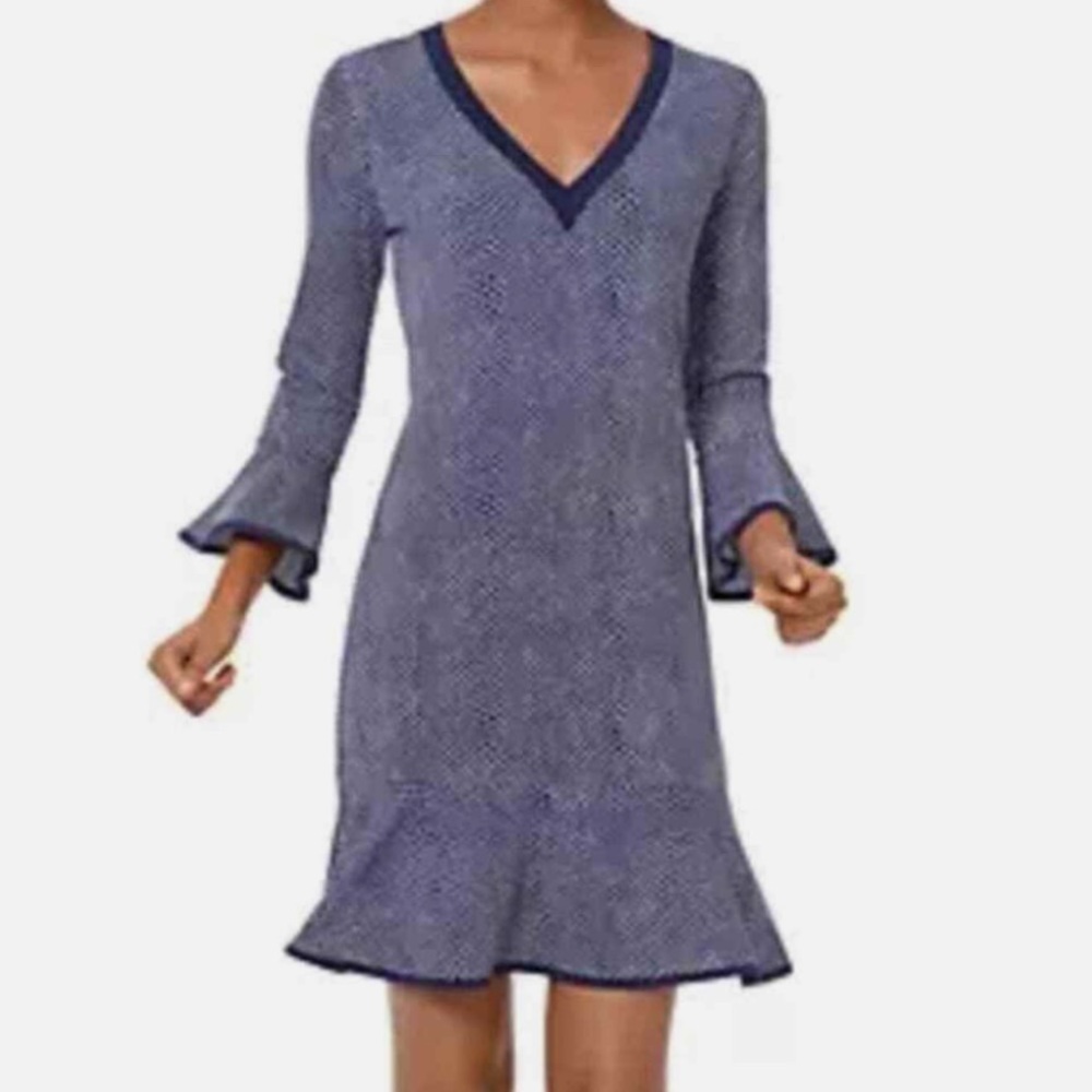 MICHAEL Michael Kors Graph Mamba Flounce
Dress Small Navy White Bell Sleeve